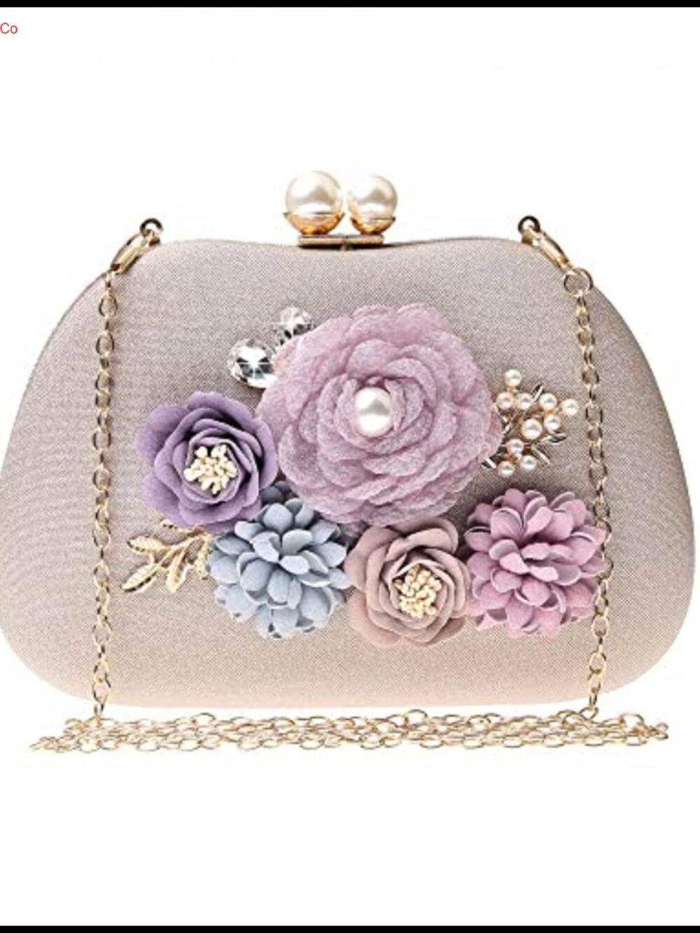 Floral Satin Clutch Evening Bag with Pearl Clasp Convertible Crossbody